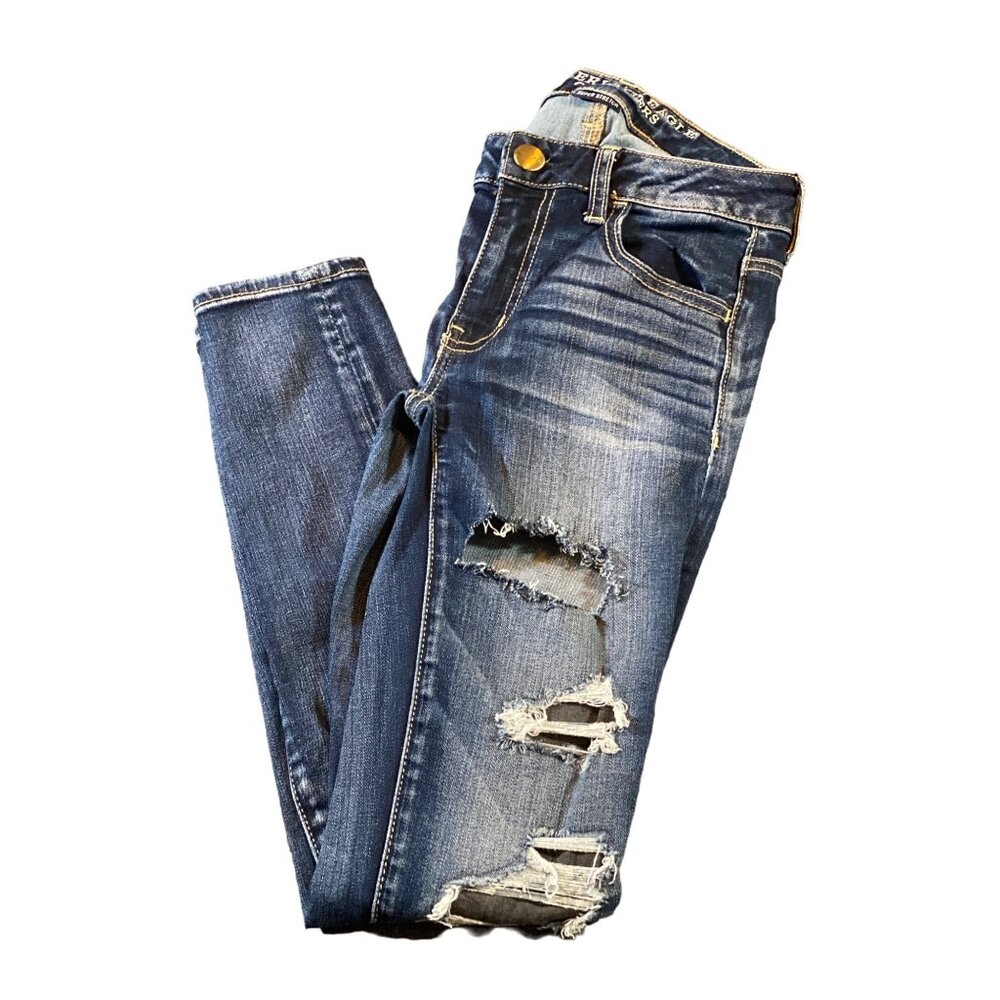 American Eagle Outfitter Blue Denim Distressed Jean Jegging Super Stretch Junior